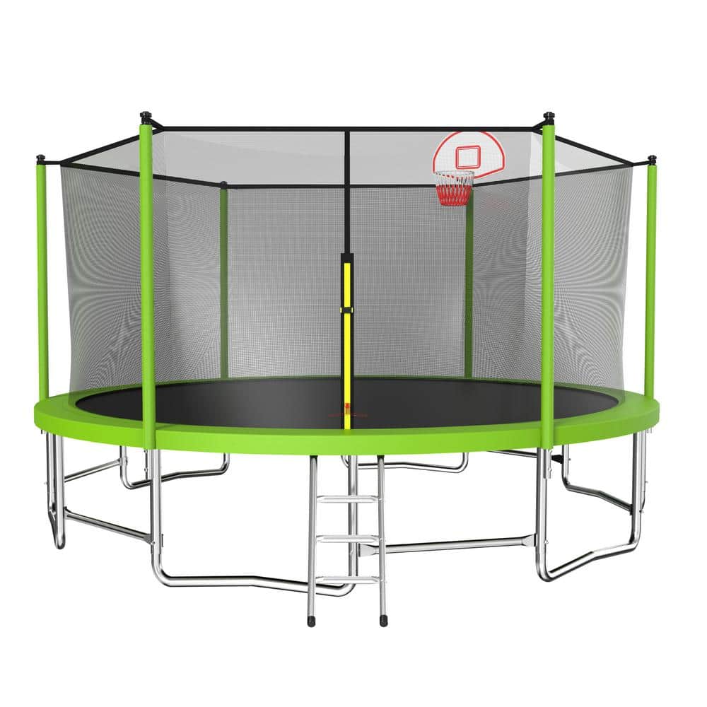 15FT Green Round Trampoline with Enclosure and Basketball Hoop
