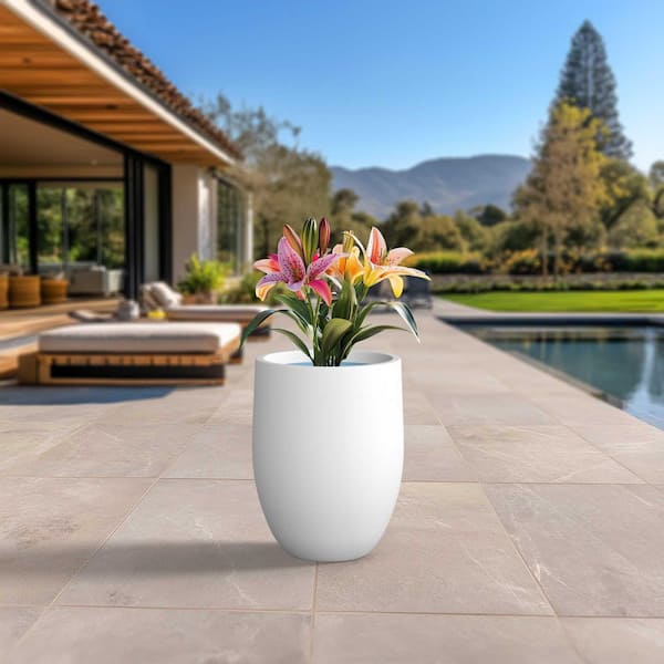 17 in. Large Crisp White(Enhanced Interior) Concrete Round Planter / Pot with Drainage Holes