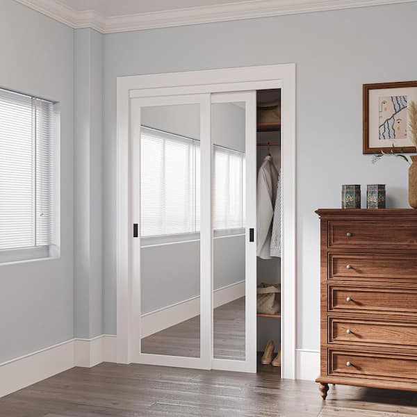 48 in. x 96 in. Solid Core 1-Lite Mirror White Primed MDF Interior Closet Sliding Door with Hardware