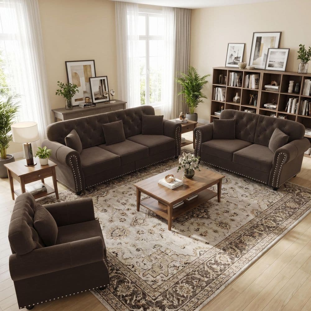 Camdany 6-Seater Velvet Sofa Set with Tufted Back, Nailhead Trim and Ottoman in Brown