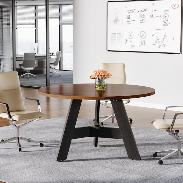 BYBLIGHT Capen 47.2 in. Round Brown and Black Engineered Wood Computer Desk Conference Table