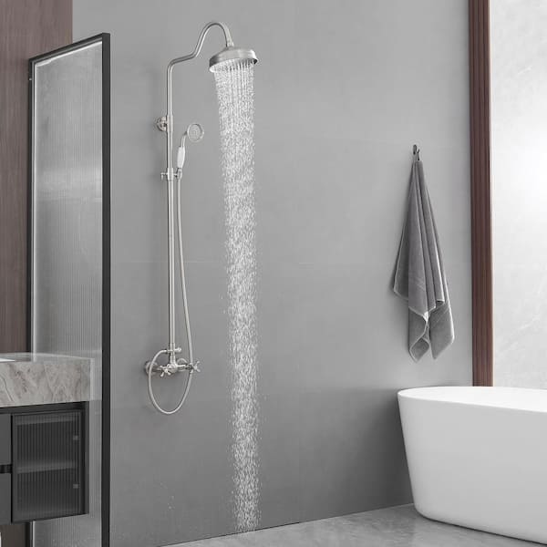 Double Handle 2-Spray Shower Faucet 1.8 GPM with High Pressure Wall Bar Shower Kit 2 Cross Handles in. Brushed Nickel