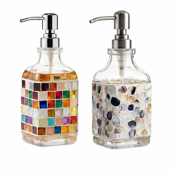 Multi-Colored Mosaic Glass Soap Dispenser Set of 2 for Bathroom Kitchen with Stainless Steel Pump
