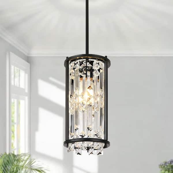Henveton Jasslynn 60 Watt 1 Light Elegance Black Pendant Light with Cylinder Crystal Shade for Kitchen Foyer Bathroom