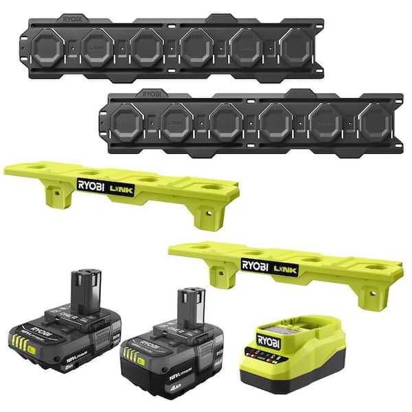 ONE+ 18V Lithium-Ion Kit w/ 2.0 Ah Battery, 4.0 Ah Battery, Charger, LINK Wall Rails (2PK) & (2) LINK ONE+ Battery Shelf