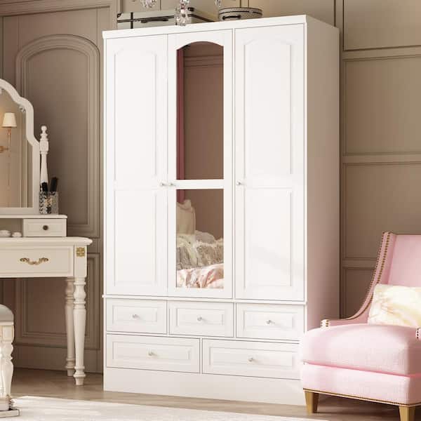 FUFU&GAGA White Wood 47.8 in. W Wardrobe Armoires with Mirror, Hanging Rod, 5-Drawers, Adjustable Shelves, 78.7 in. H x 19.7 in. D