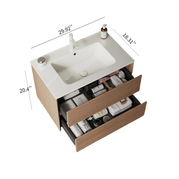 Modland Liory 30 in. Single Sink Floating Nature Wood Bath Vanity with White Ceramic Top Pre-assembled