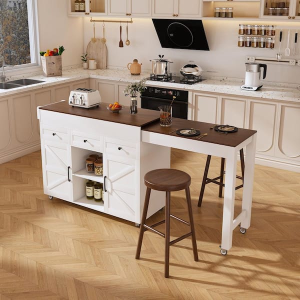 White Wood 74.8 in. W Extendable Kitchen Island with Power Outlet, Walnut MDF Top, 3-Drawers, 2-Cabinets and Wheels