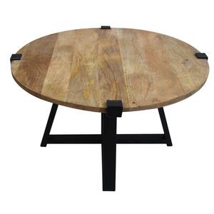 31 in. Brown and Black Round Wooden Coffee Table with Banded Metal Frame
