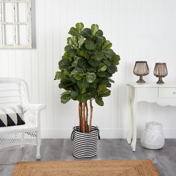 Nearly Natural 5 ft. Green Fiddle Leaf Fig Artificial Tree in Handmade  Black and White Natural Jute and Cotton Planter T2952 - The Home Depot