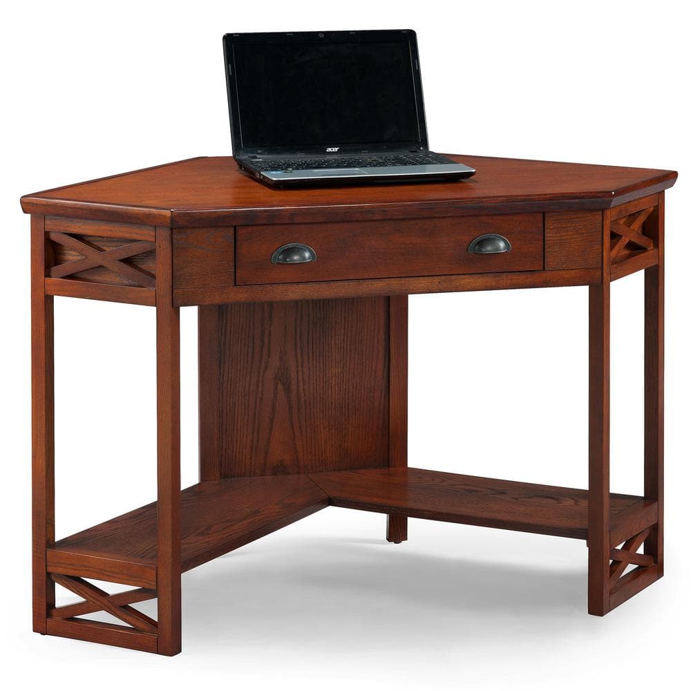 Mission-Inspired Burnished Oak Corner Desk with Keyboard Tray