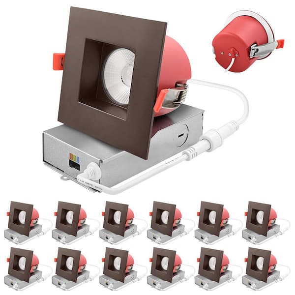 4 in. Square Integrated LED Recessed Light J-Box 5CCT 2 Hour Fire Rated 15W 1000 Lumens 38° Dimmable Wet Bronze 12PK