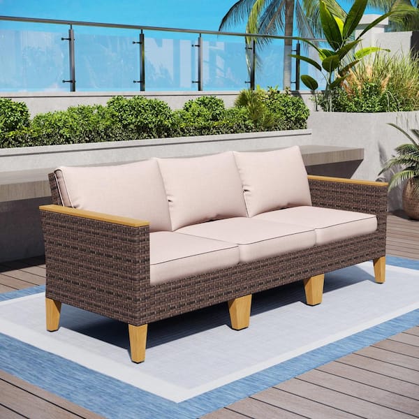 PHI VILLA Brown Rattan Wicker 3 Seat 3-Piece Steel Patio Outdoor Sectional Set with Beige Cushions