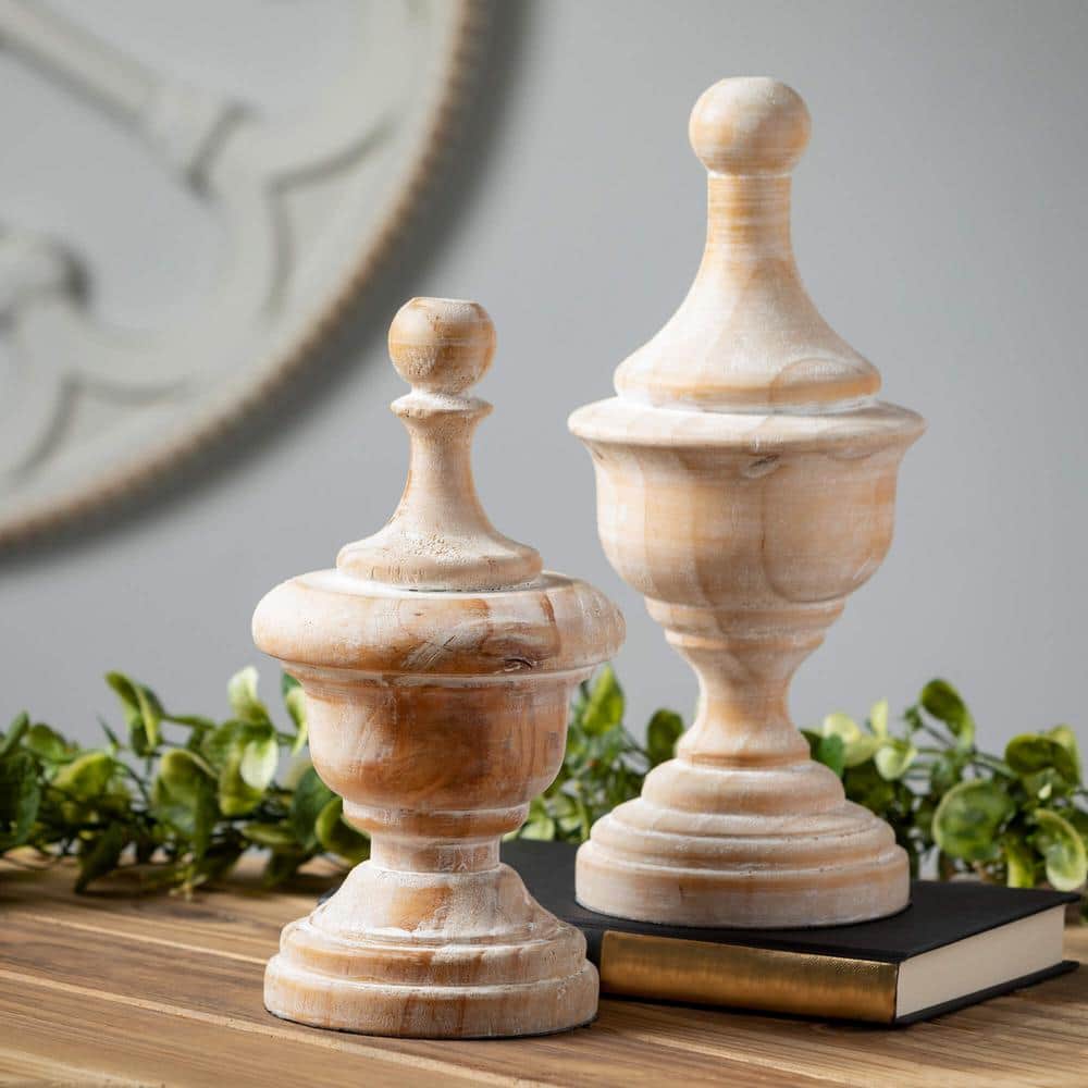 White Washed Natural Wood Finial Set of 3