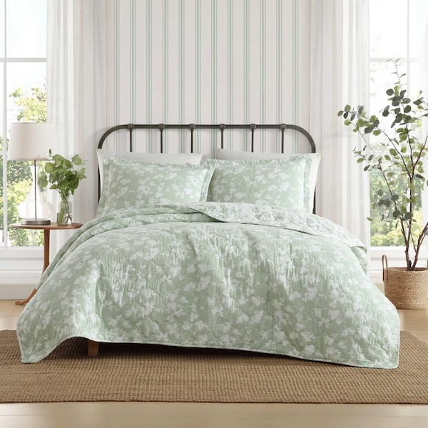 Adorabelle Silhouette 3-Piece Green/Cream King Cotton Quilt Set