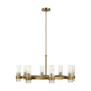 Geneva 33 in. W x 14.875 in. H 8-Light Burnished Brass Mid-Century Indoor Dimmable Chandelier with Clear Glass Shades