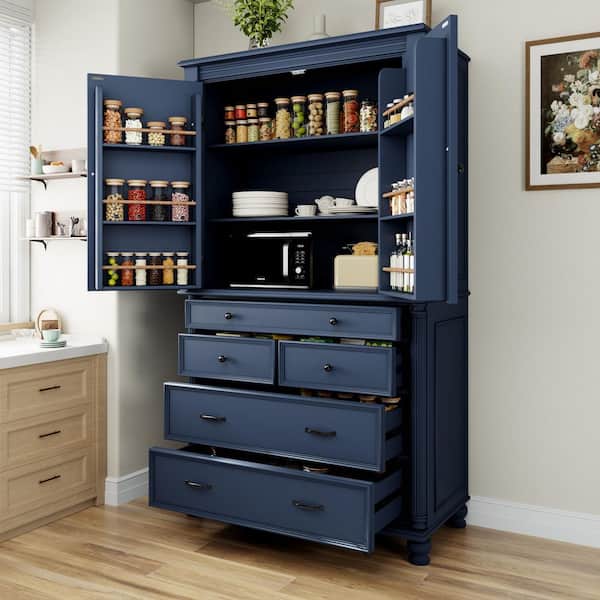 Blue 77.3. in. H Kitchen Pantry Organizers Storage Cabinet with 2 Adjustable Shelves, 6 Door Inner Spice Racks
