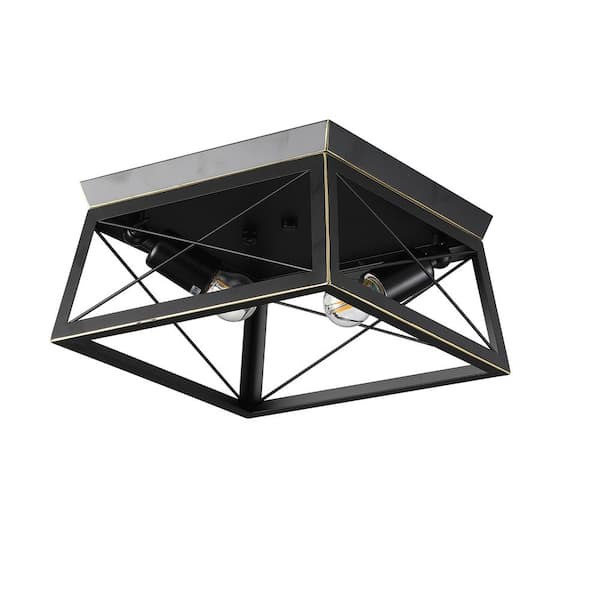 OUKANING 11.81 in. 2-Light Black Retro Metal Lampshade Flush Mount Ceiling Light
