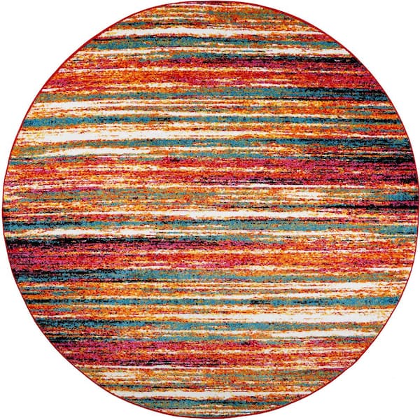 Splash Orange/Blue 8 ft. Round Striped Area Rug