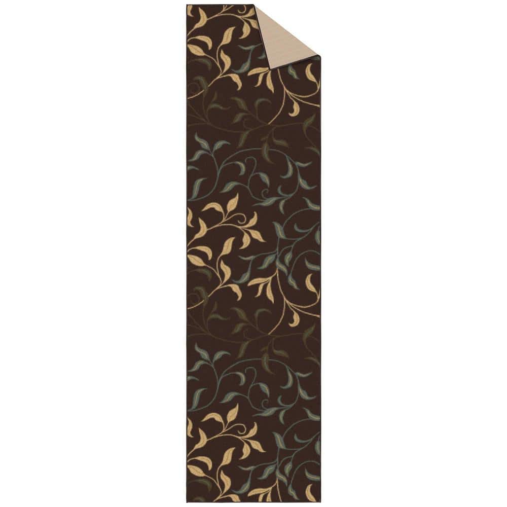 Brown Leaves Design Non-Slip Runner Rug, 2'7" x 9'10"
