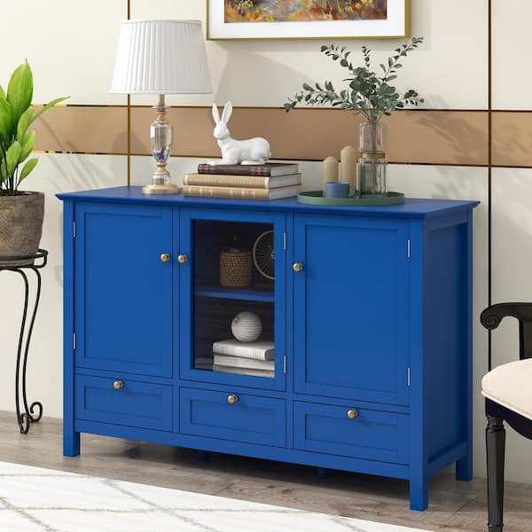 URTR Blue Accent Cabinet with 2 Door and 3 Drawers, Modern Console Table Sideboard for Living Room Dining Room