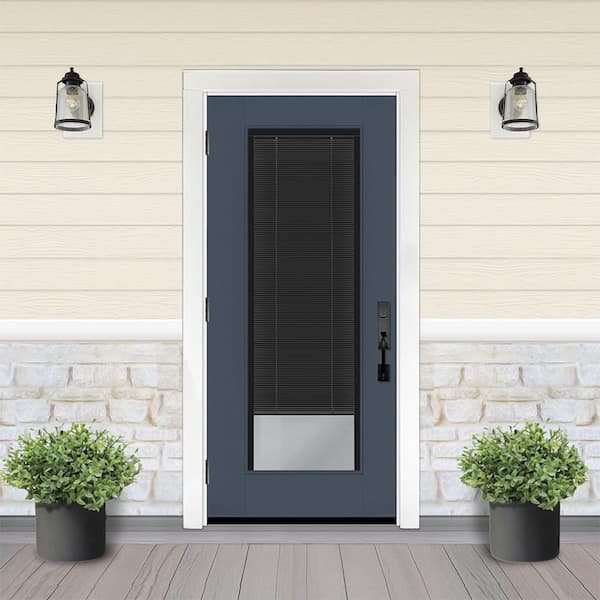 Legacy 28 in. x 77 in. Full Lite Clear Glass Noir Miniblind RHOS Dark Denim Fiberglass Prehung Door w/4-9/16 in. Jamb