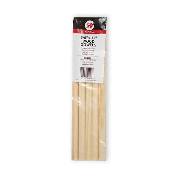Waddell 0.625 in. x 12 in. Pine Round Dowels, Pack of 5-Sanded, Paintable, Stainable-Wooden Rod for DIY Home Projects