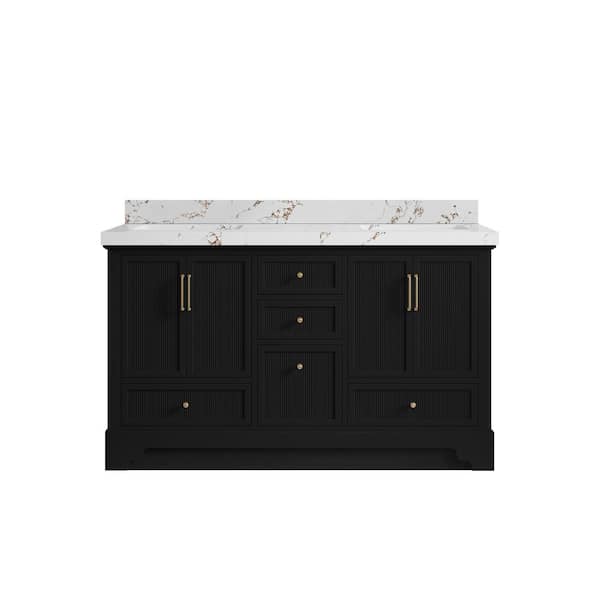 Willow Collections Alys 60 in. W x 22 in. D x 36 in. H Double Sink Bath Vanity in Black with 2 in. Viola Brown Quartz Top