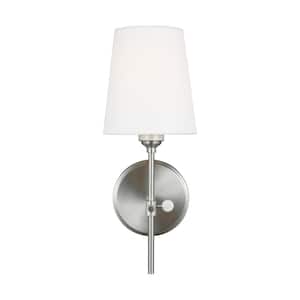 Baker 5.5 in. W x 14.25 in. H 1-Light Brushed Nickel Wall Sconce with White Linen Fabric Shade