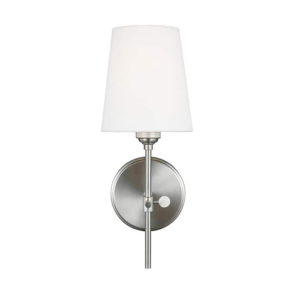 Generation Lighting Baker 5.5 in. W x 14.25 in. H 1-Light Brushed Nickel Wall Sconce with White Linen Fabric Shade