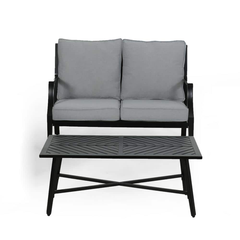 2 Pieces Metal Outdoor Loveseat, with Coffee Table and Grey Cushions, for G