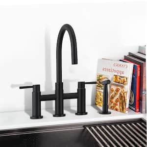 Double Handles Deck Mount Bridge Kitchen Faucet with Side Sprayer 360 Swivel Spout in Matte Black