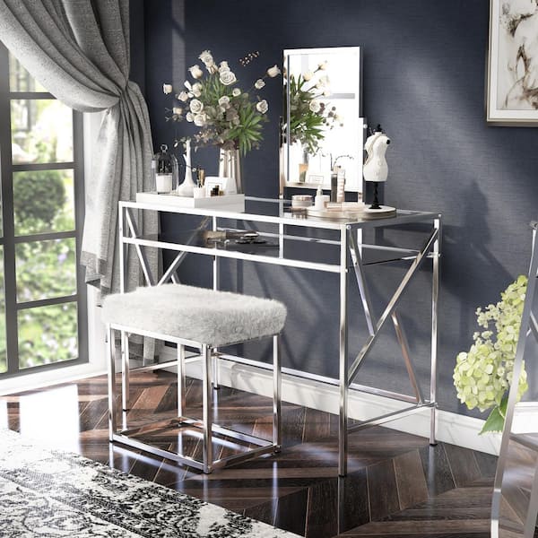 codman silver dressing table and stool 43" Mirrored Dressing Table Set with Tri-Fold Mirror & Stool, Silver - Bed Bath & Beyond