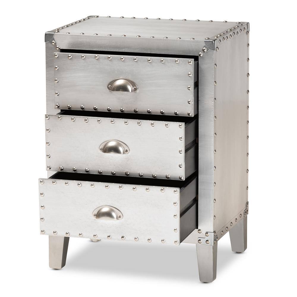 Claude Riveted Silver Metal 3-Drawer Nightstand