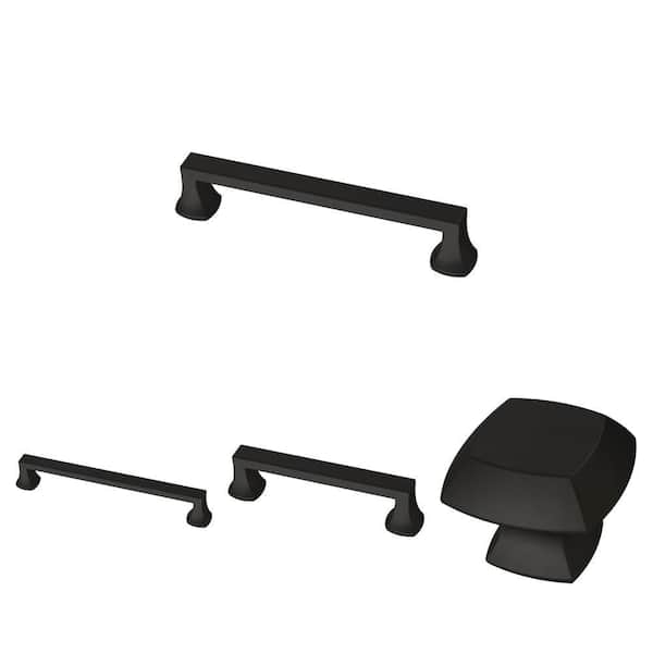 Mandara Matte Black Cabinet Pulls: 5-1/16 in. (128 mm), 6-5/16 in. (160 mm), 3-3/4 in. (96 mm) and 1-1/4 in. Knob