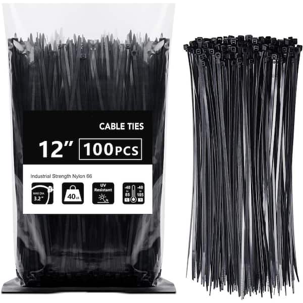 UV Resistant Nylon Cable Zip Tie 12 in. Black 100-Pack Self-Locking Wire Ties for Indoor and Outdoor Use