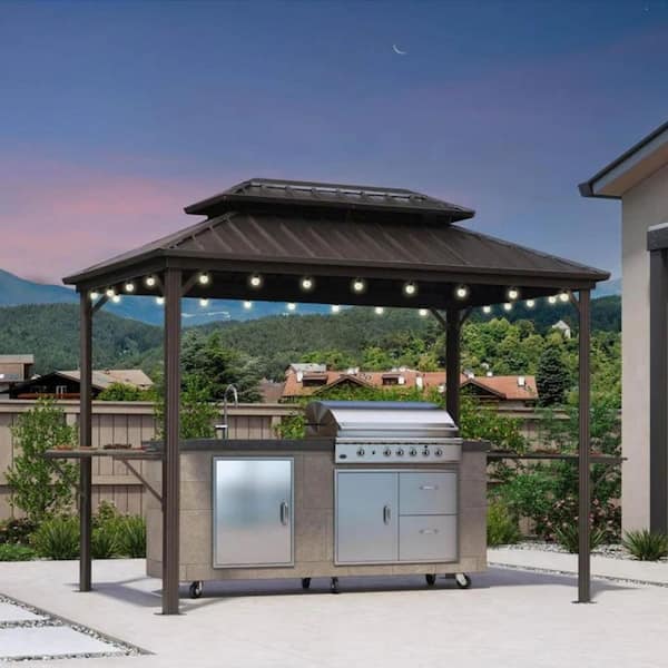6.5 ft. x 10 ft. Hardtop Grill Gazebo for Patio Aluminum Barbecue Shelter Gazebo w/Hooks,Shelves Double Tiered 24-Lights