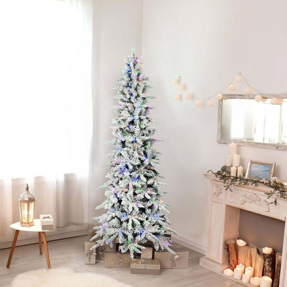 Slim Flocked 7.5-Foot Mountain Pine Christmas Tree with Multicolor LED Lights