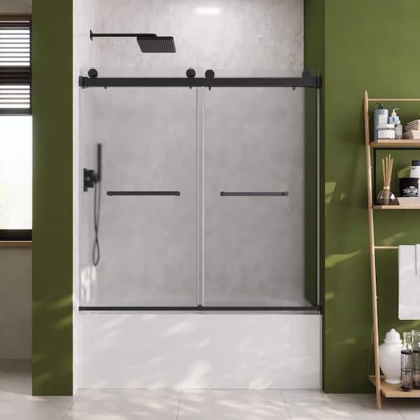 57-59 in. W x 59 in. H Double Sliding Frameless Bathtub Door in Matte Black with 3/8 in. (10 mm) Frosted Glass