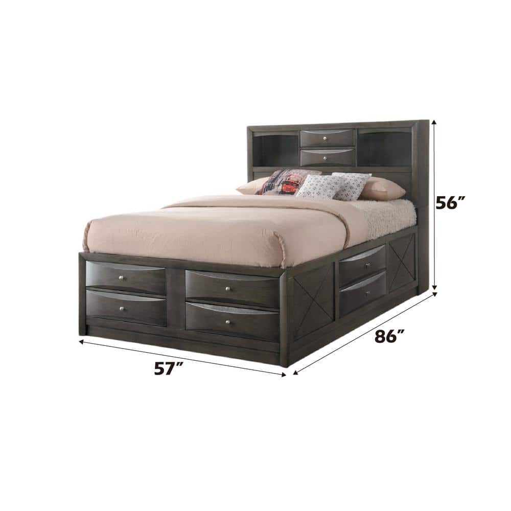 Gray Oak Full Double Captain's Bed with Bookcase and Storage