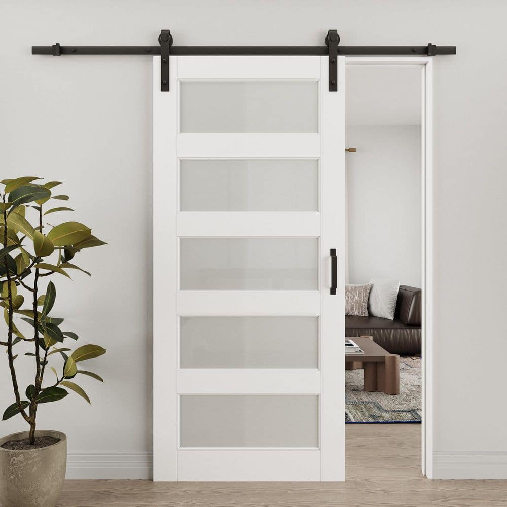 36 in. x 96 in. 5 Lite Tempered Frosted Glass White Primed Glass Sliding Barn Door with Hardware Kit price history on PriceWatchPro