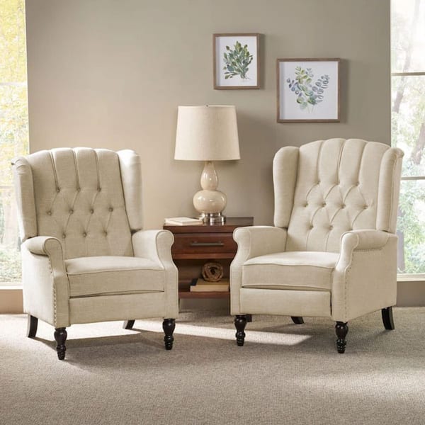 Walter Beige and Dark Brown Wingback Tufted Recliner (Set of 2)