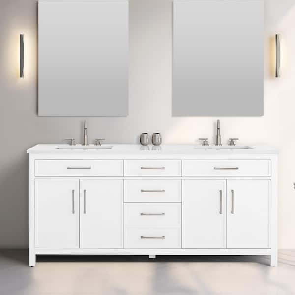 Cooper 72 in. W Bath Vanity in White with Engineered Stone Top in Ariston White with White Sinks