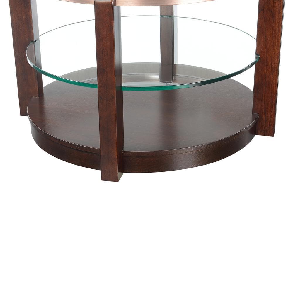Espresso Round Wood and Glass Coffee Table with Interior Shelf