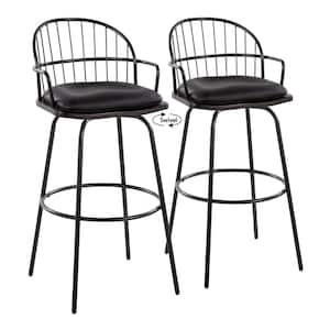 Riley Claire 29.5 in. Black Faux Leather, Walnut Wood and Black Metal Bar Stool with Arms and Metal Legs (Set of 2)