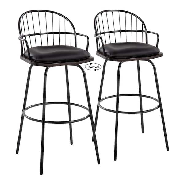 Lumisource Riley Claire 29.5 in. Black Faux Leather, Walnut Wood and Black Metal Bar Stool with Arms and Metal Legs (Set of 2)