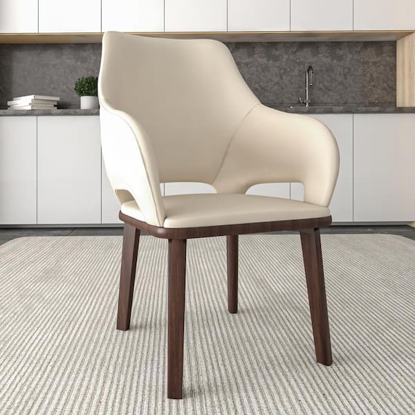 Dining Chair Upholstered in Leather with Rubberwood Base Vivara Set of 4 in Off White