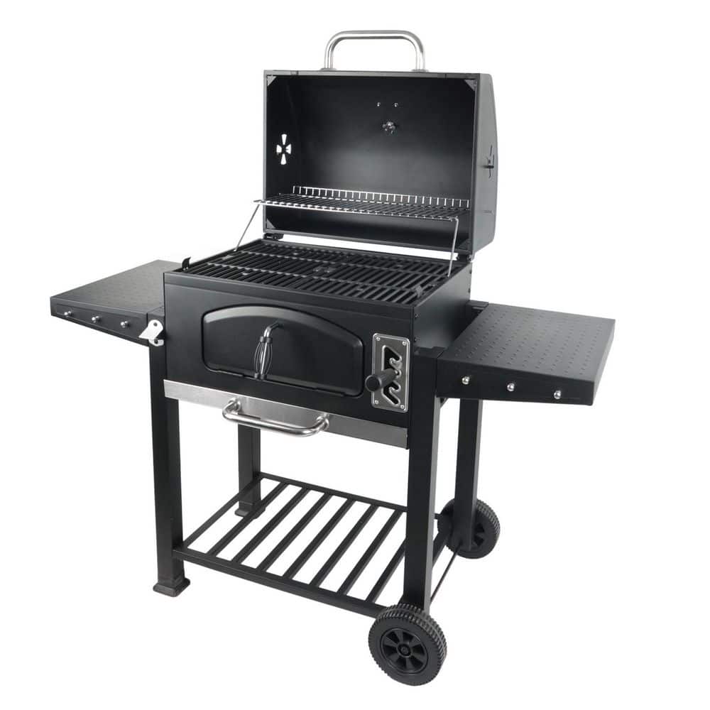 BBQ Charcoal Grill, 24 in. Black with Side Shelves and Built in Thermometer