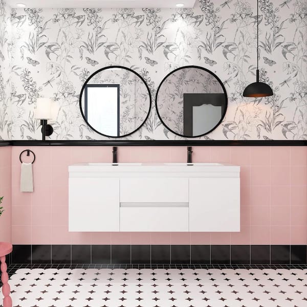 JimsMaison 60 in. W x 20 in. D x 22 in. H Double Sink Wall-Mounted Bath Vanity in White with Glossy White Cultured Marble Top
