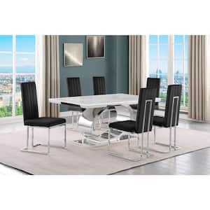 Ibraim 7-Piece Rectangle White Marble Top With Stainless Steel Base Dining Set With 6 Black Velvet Chrome Iron Chair